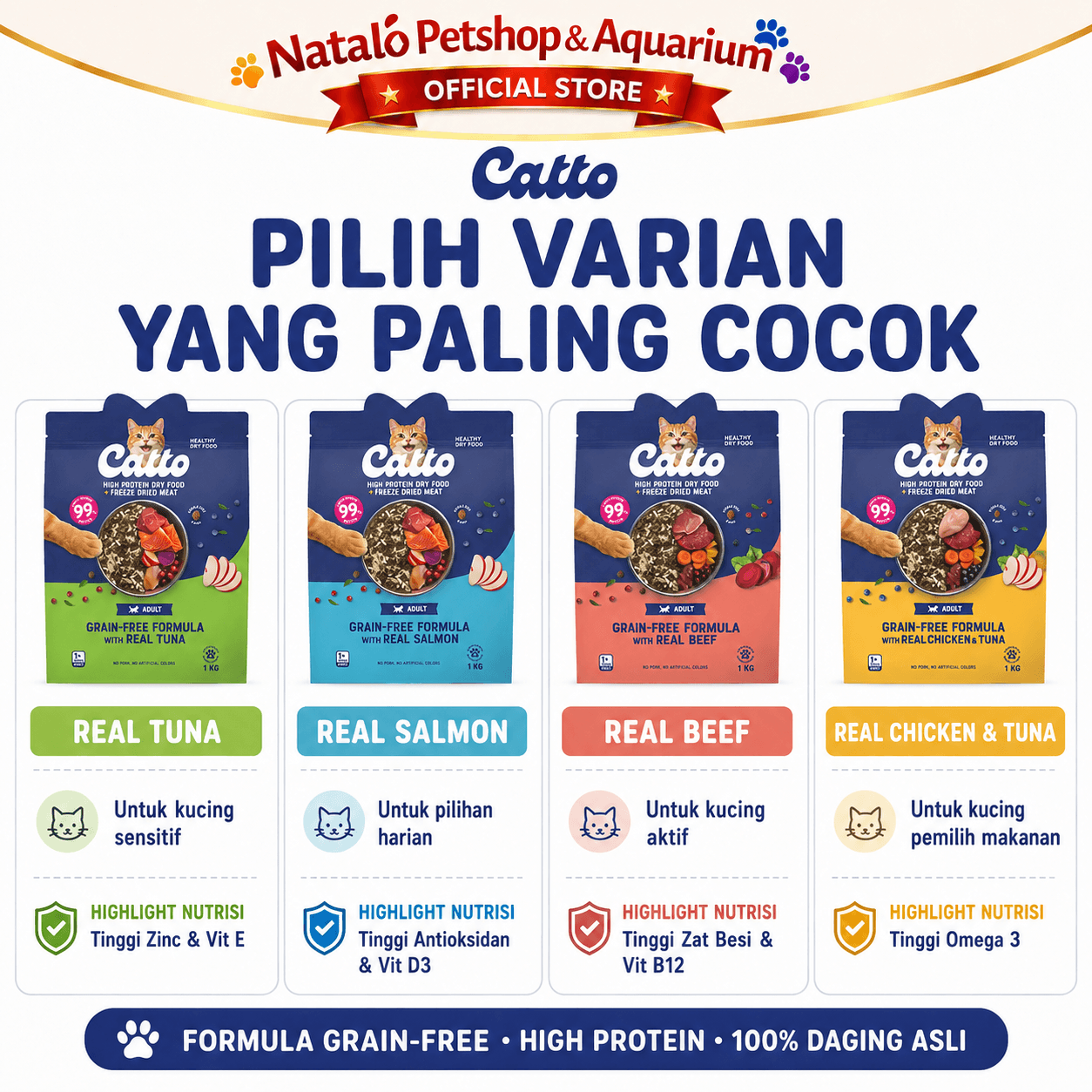 Catto High Protein Dry Adult Cat Food + Freeze Dried Meat Grain Free Formula 1KG - Makanan Kering Kucing Dewasa Premium 1 KG - gambar 7