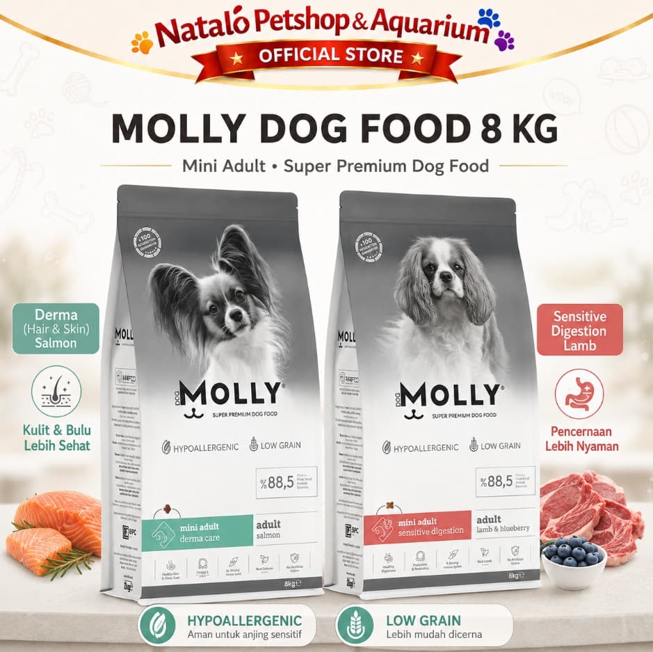 Molly Dog Food 8KG Super Premium Mini Adult Derma Care Hair Skin / Sensitive Digestion Hypoallergenic - Salmon / Lamb 8 KG Makanan Anjing Kering untuk Dewasa ras Kecil Small Breed rasa ikan dan domba