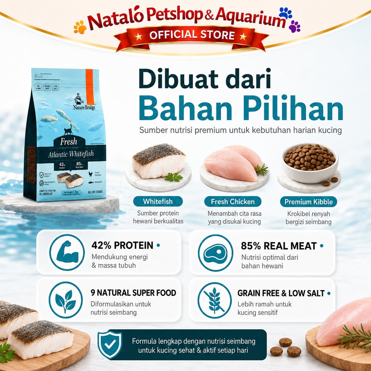 Nature Bridge Fresh Atlantic Whitefish 1.5KG All Life Stages Cat Food No Pork - Makanan Kucing Semua Umur Super Premium 1.5 KG Bebas Babi - gambar 4