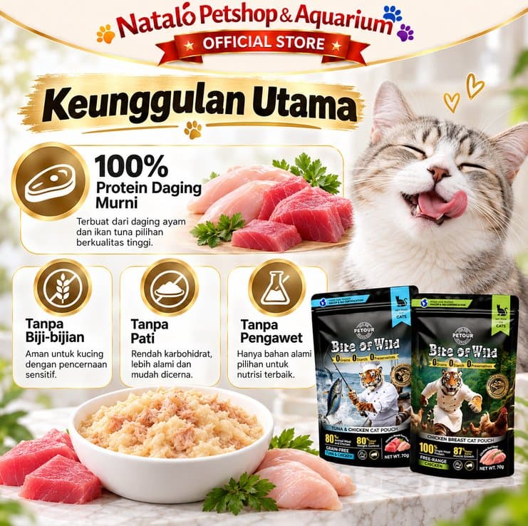 Bite of Wild Pouch Wet Cat Food 70GR All Life Stages  - Makanan Basah Saset Kucing  Semua Tahap Umur / Usia 70 GR Tuna Chicken - gambar 2