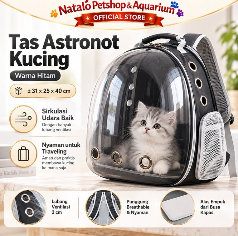 Tas Astronot Hitam untuk Hewan Peliharaan 31x25x40cm Backpack Carrier Transparan Breathable Pet Cargo Traveling - gambar 1