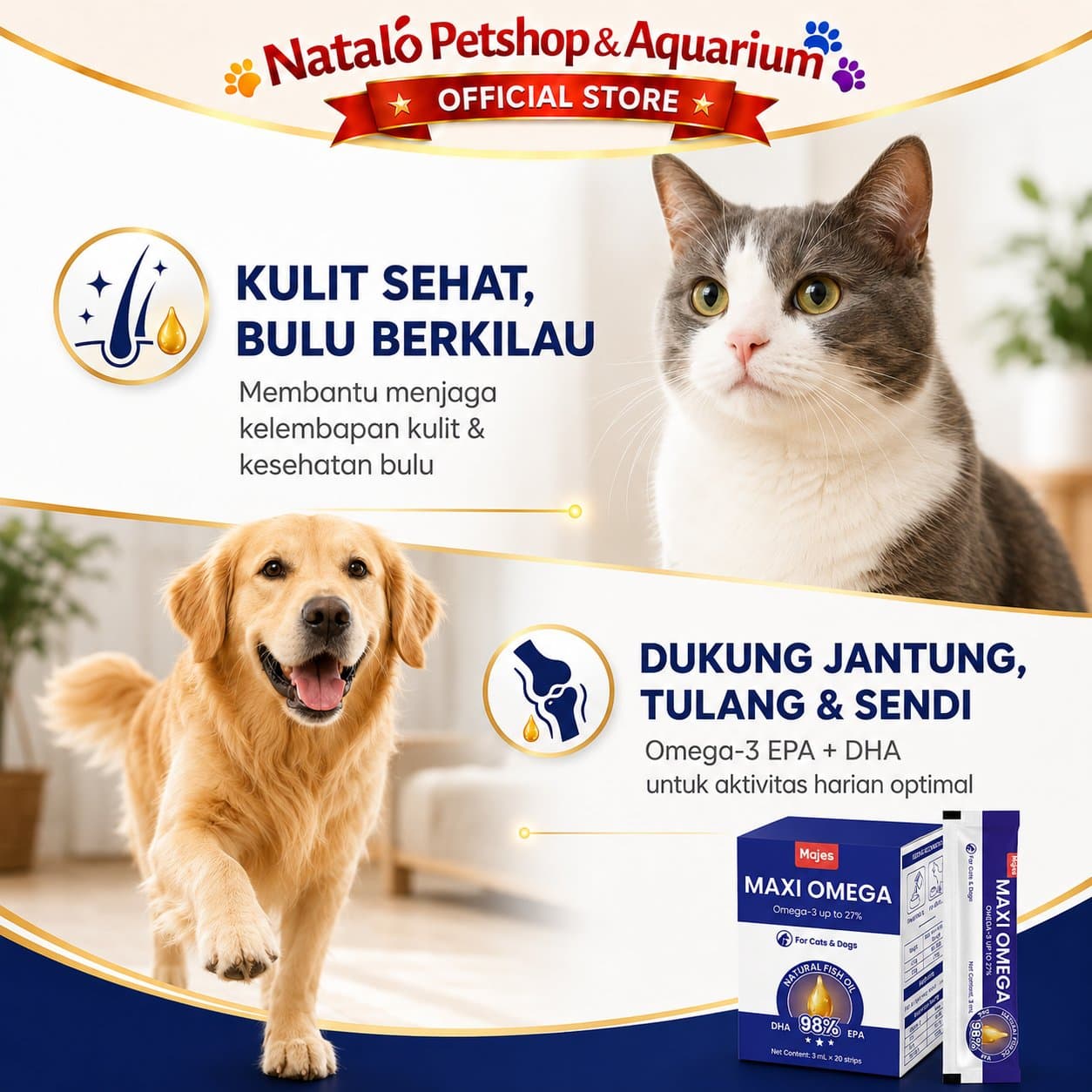 Majes Maxi Omega Oil 1 STRIP/SACHET 3ML Natural Fish Oil Pet Supplements - Minyak Ikan Premium untuk Kucing dan Anjing - gambar 4