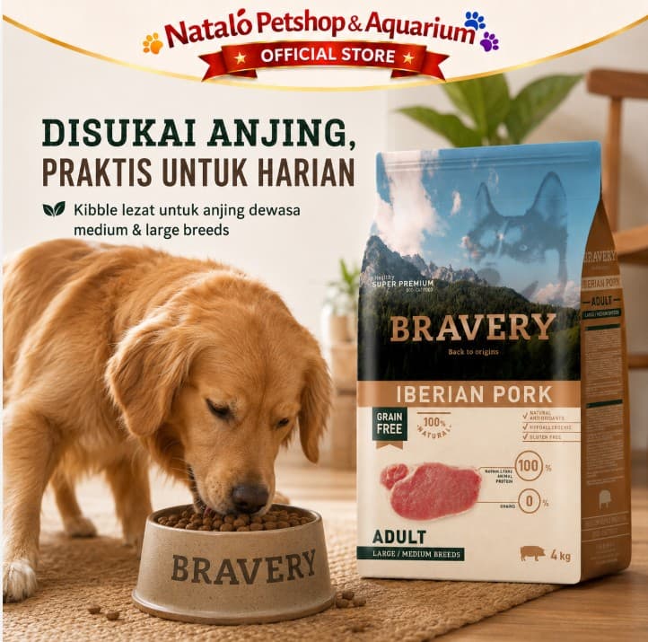 Bravery Medium / Large Adult Dog PORK 4KG Makanan Anjing Super Premium Pelet Food 4 kg - gambar 5