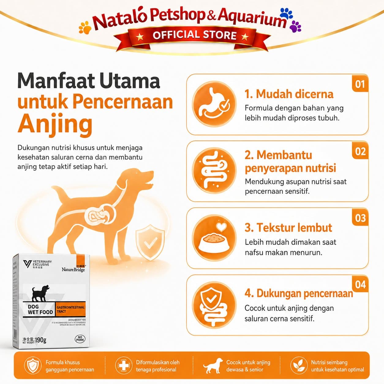 Nature Bridge Gastrointestinal Tract Complete Dog Wet Food 190GR Intestinal - Makanan Basah Anjing untuk Infeksi Saluran Pencernaan  / Diare 190 GR - gambar 2