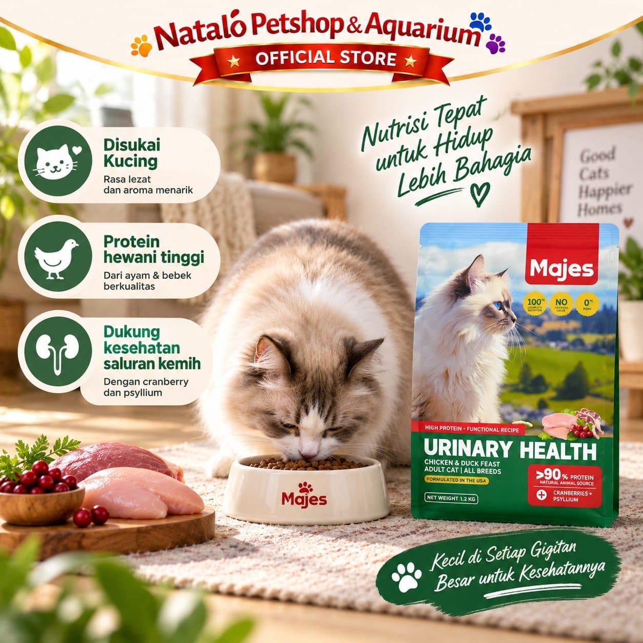 MAJES High Protein Urinary Health Chicken & Duck Feast 400GR / 1.2KG Adult Dry Cat Food - Makanan Kucing Dewasa untuk Kesehatan Saluran Kencing Kemih / Pecegahan FLUTD 400 GR / 1.2 KG - gambar 5