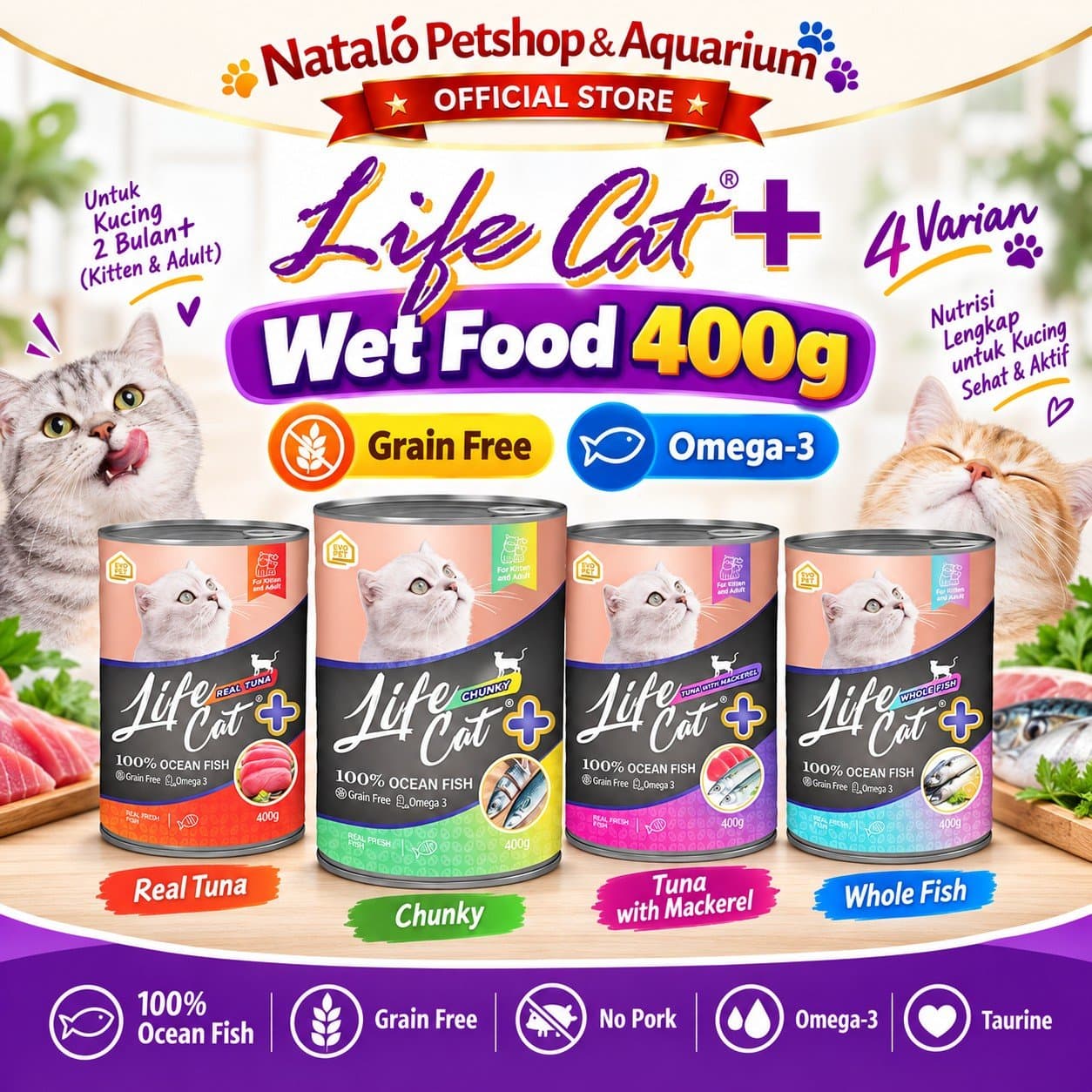 Life Cat Plus + 400GR Wet Cat Food for Kitten & Adult - Makanan Basah Kaleng Lifecat Kucing Semua Tahap Usia / Umur 400 GR - gambar 1