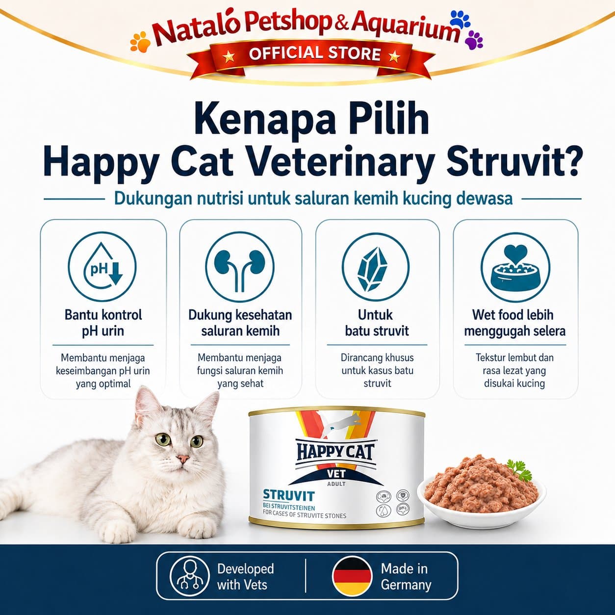 Happy Cat Vet Kaleng Urinary S/O Struvit 200 GR - Makanan Basah Kucing untuk Pengobatan Saluran Kencing Kemih 200GR - gambar 2