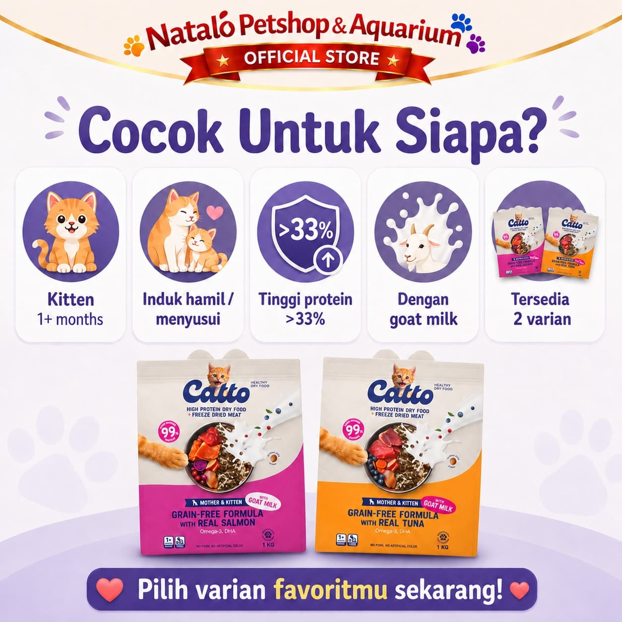 Catto High Protein Dry Mother & Kitten Cat Food + Freeze Dried Meat Grain Free Formula 400GR - Makanan Kering Anak dan Ibu Kucing Premium 400 GRAM - gambar 7