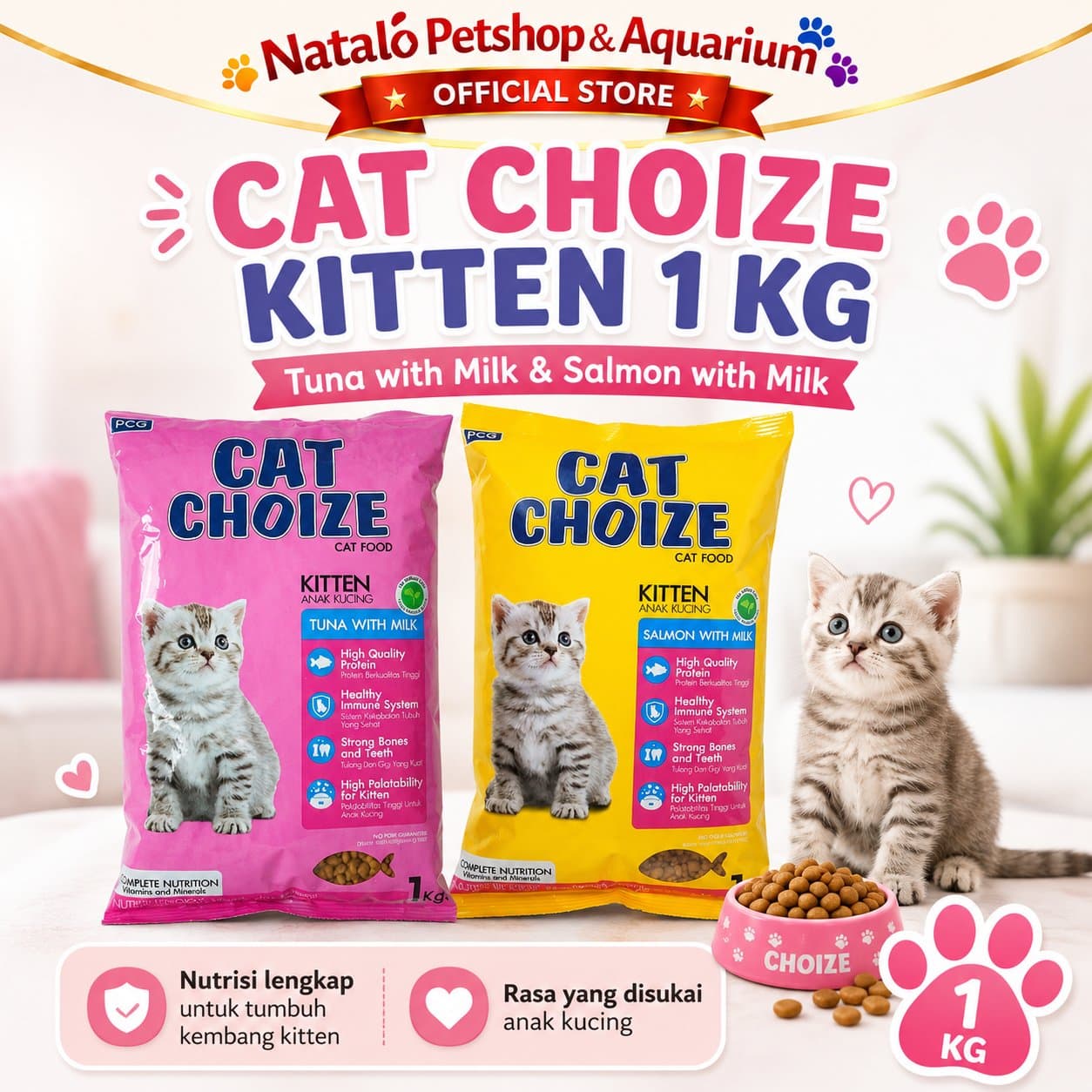Cat Choize Kitten Tuna / Salmon with Milk 1KG Dry Cat Food - Makanan Kering Anak Kucing 1 KG - gambar 1