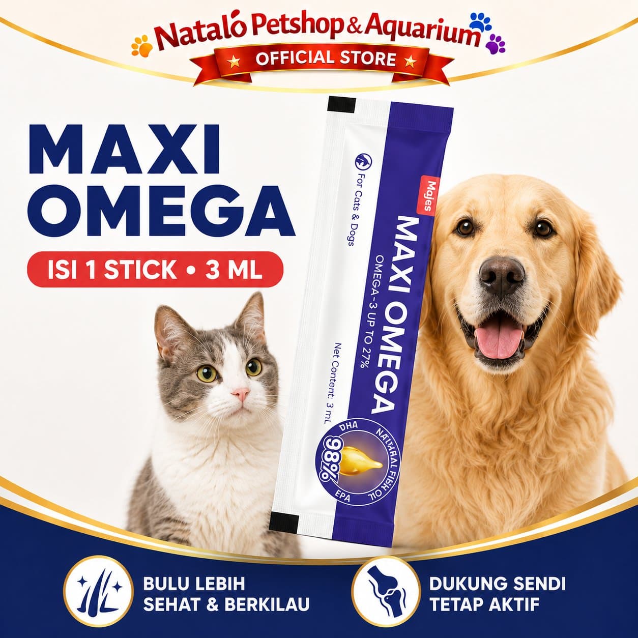 Majes Maxi Omega Oil 1 STRIP/SACHET 3ML Natural Fish Oil Pet Supplements - Minyak Ikan Premium untuk Kucing dan Anjing