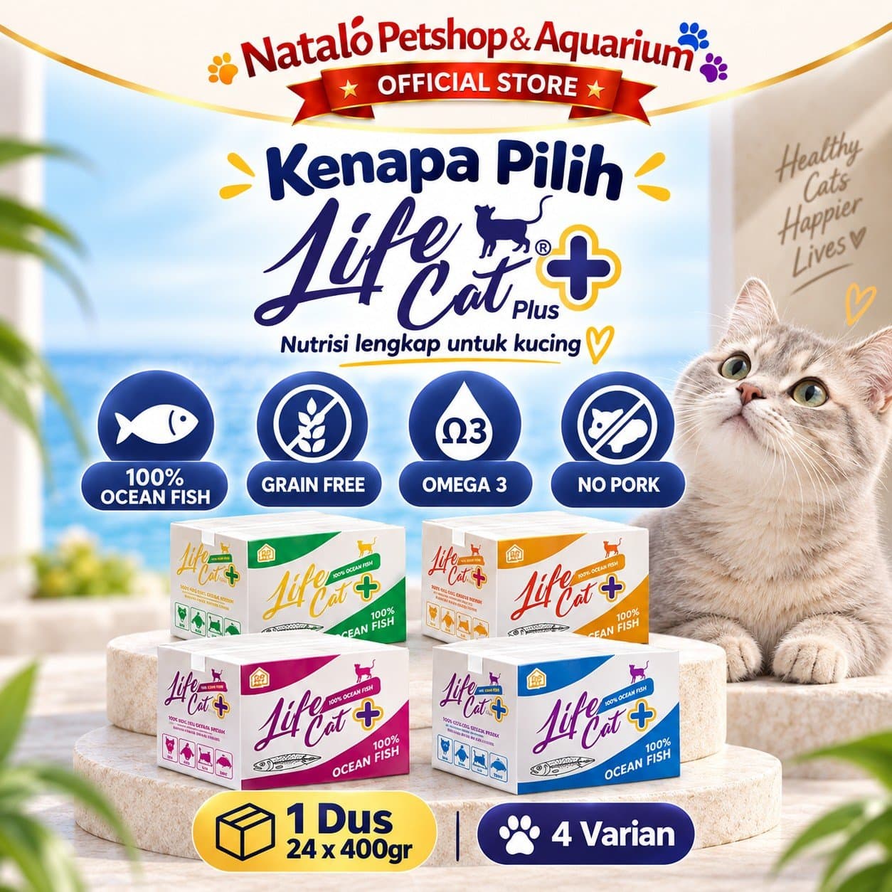 Life Cat Plus + 1 DUS (24pcs x 400gr) Wet Cat Food for Kitten & Adult - Makanan Basah Kaleng Lifecat Kucing Semua Tahap Usia / Umur - gambar 2