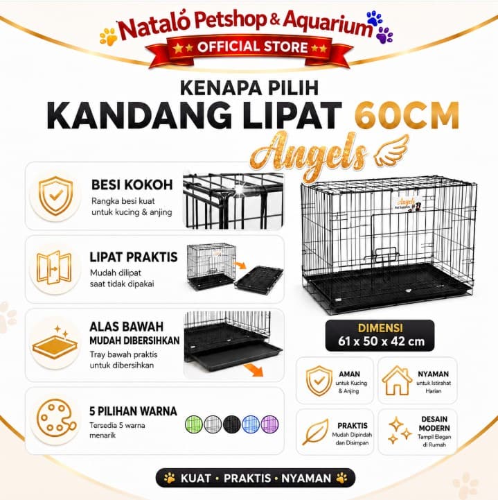 Kandang 60 / M - Merk Angels - Kandang Besi Hewan Lipat Anjing Kucing Kelinci Ukuran 61x50x42cm 60CM Medium - gambar 2