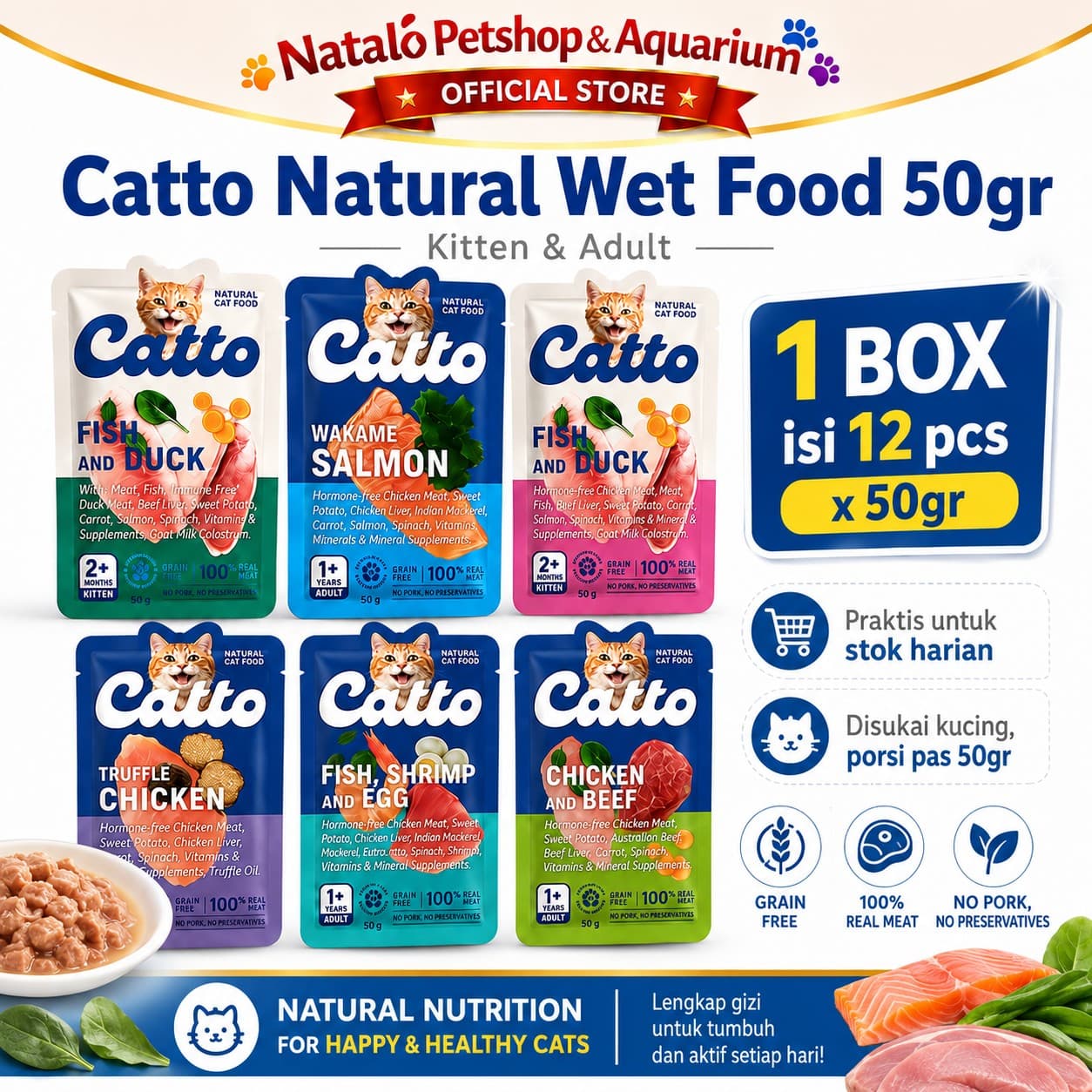 Catto Natural Wet Kitten and Adult Pouch Wet Cat Food 1 BOX isi (12pcs x 50gr)  - Makanan Basah Saset Anak dan Kucing Dewasa 50 GR - gambar 1