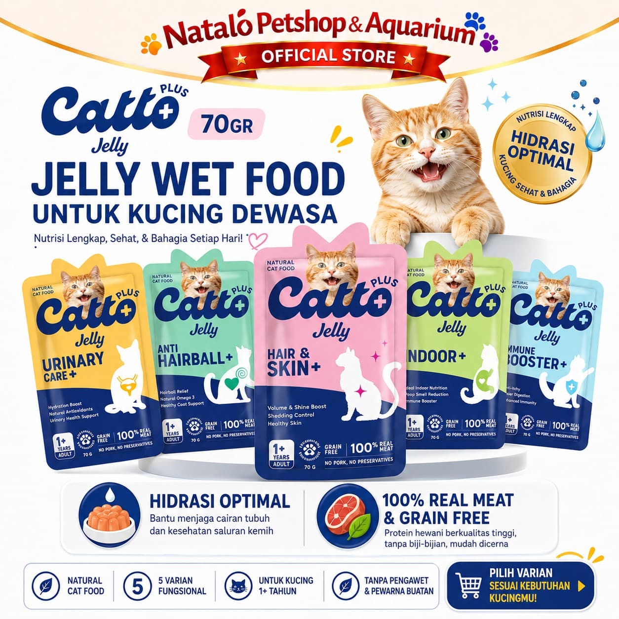 Catto Plus Jelly Anti Hairball / Hair & Skin / Indoor / Immune Booster / Urinary Adult Pouch Wet Food 70GR - Makanan Basah Saset Kucing Dewasa 70 GR - gambar 1