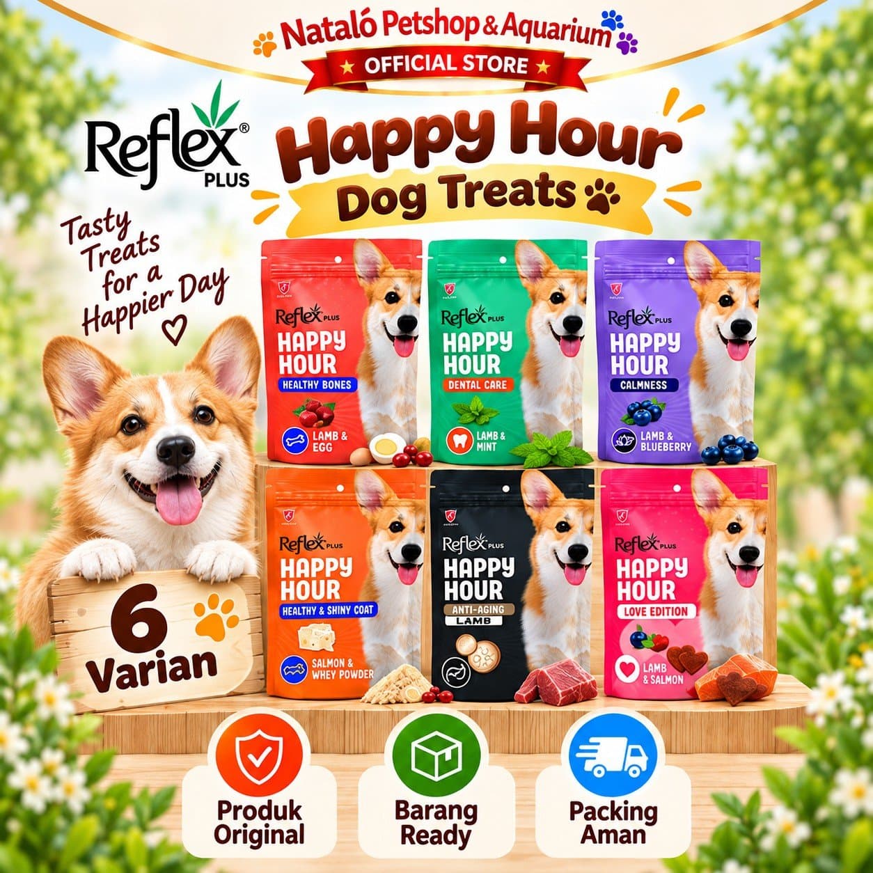 Reflex Plus Happy Hour Dog Treat 60G 6 Varian - Snack Cemilan Anjing Dewasa Healthy Bones Dental Care Calmness Anti Aging Lamb Salmon 60 GR - gambar 1