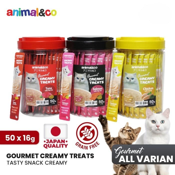 Animal&Co Premium Creamy Treats - Snack Jajanan Kucing Liquid 1 Toples isi 50pcs x 16Gr - gambar 1