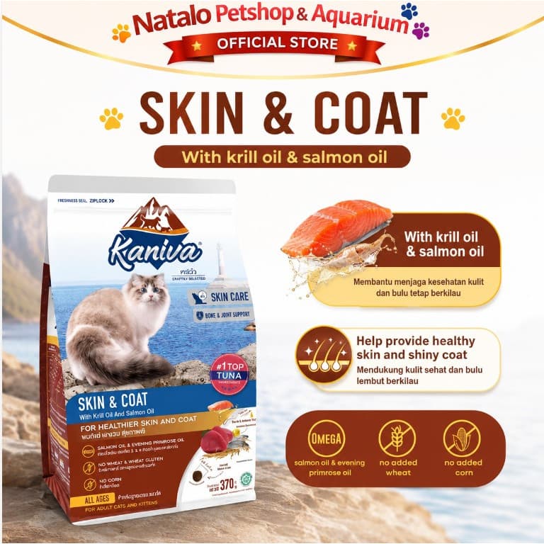 Kaniva Skin & Coat 370GR Tuna with Krill and Salmon oil Dry Cat Food - Care Makanan Kucing khusus Untuk Perawatan Kulit & Bulu All Life Stages Adult Kitten Dewasa Anak 370 GR - gambar 2