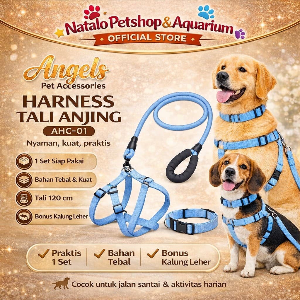 Harness Angels AHC 01 + Collar - Dog Leash for Pet / Medium Large Puppy Adult / Tali Tuntun Anjing Import bahan Tebal Berkualitas - Jalan / Harnes / Hewan Peliharaan - gambar 1