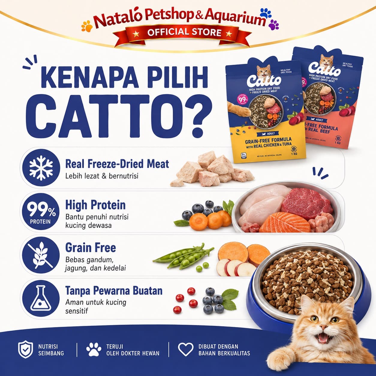 Catto High Protein Dry Adult Cat Food + Freeze Dried Meat Grain Free Formula 1KG - Makanan Kering Kucing Dewasa Premium 1 KG - gambar 2