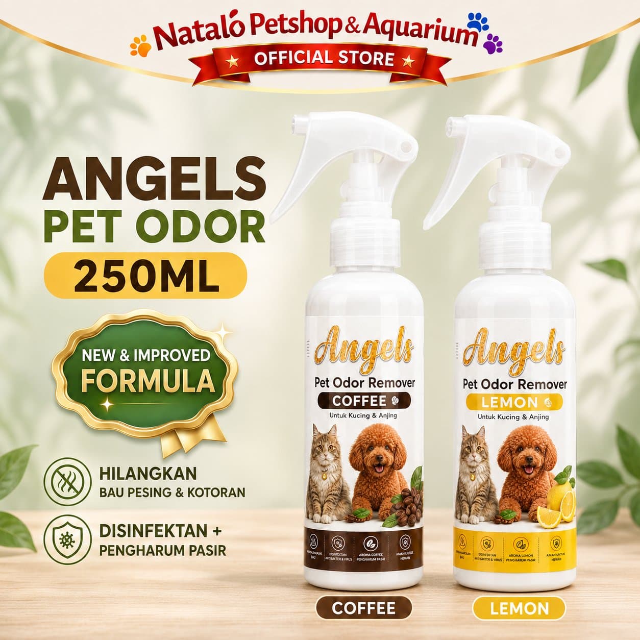 Angels PET ODOR NEW FORMULA 250ML Penghilang Bau Pesing & Kotoran Hewan Peliharaan Spray for Pet Cat Dog Disinfektan Pengharum Pasir Kucing Anjing Lingkungan Wangi Bersih Harum 250 ML