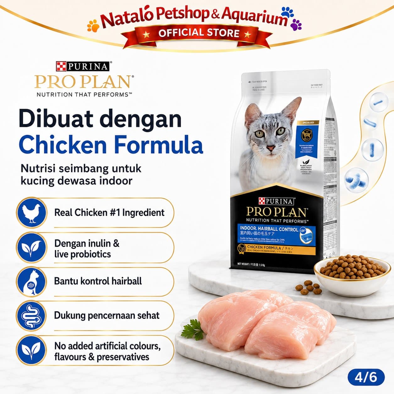 Pro Plan Indoor Indoor Hairball Control 1.5KG Adult Cat Food - Makanan Kucing Dewasa dalam Rumah PROPLAN / Mengurangi Bau Feses 1.5 KG - gambar 4