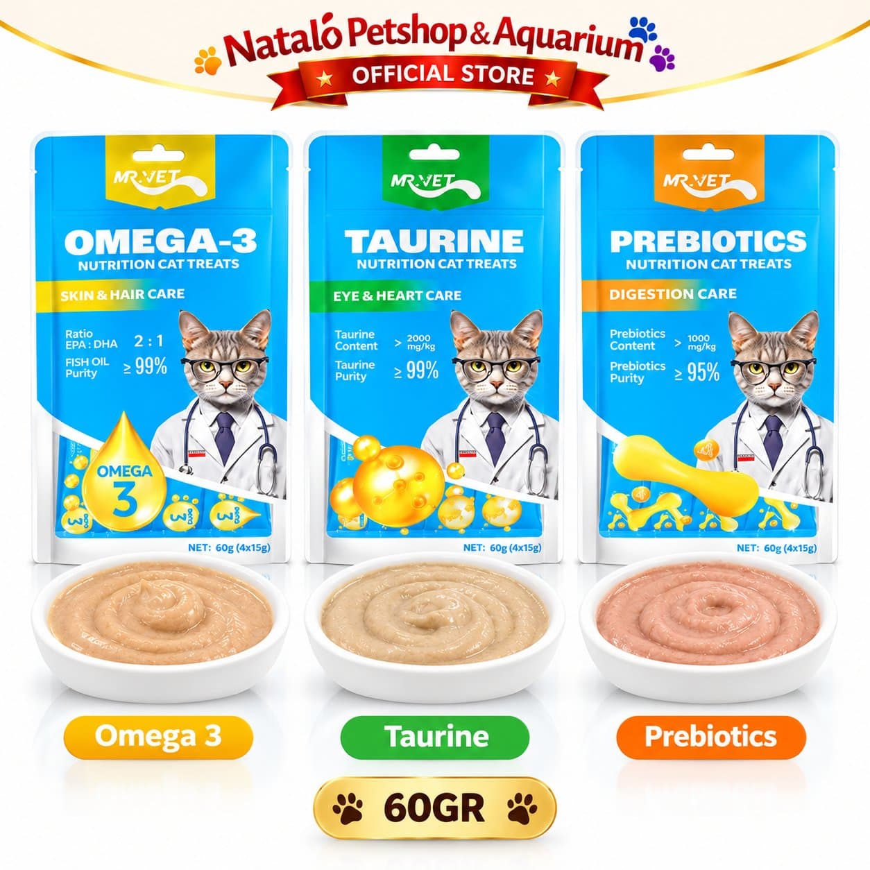 Mr. Vet Nutrition Cat Treats All Life Stages Functional Creamy Snack 60GR - Camilan Kucing Mr.Vet Semua Tahap Usia Fungsional - Omega 3, Prebiotik, dan Taurin 1pack (4x15gr) - gambar 6