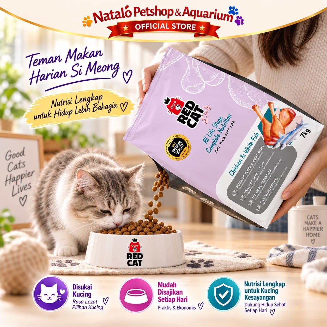 Red Cat Complete Nutrition 7KG All Life Stages Dry Cat Food Chicken & White Fish - Makanan Kucing Semua Tahap Usia / Umur 7 KG  - Premium Quality - gambar 5