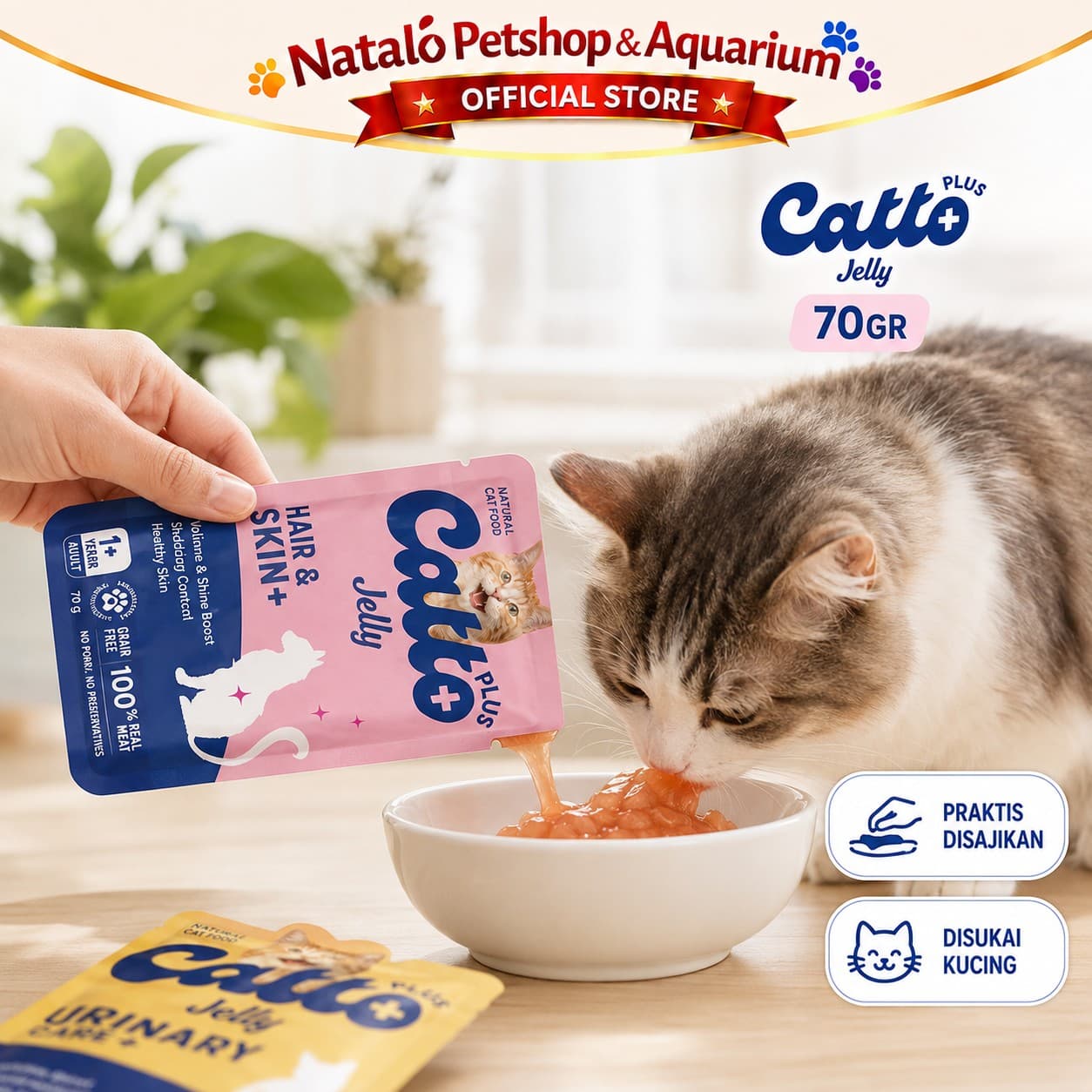 Catto Plus Jelly Anti Hairball / Hair & Skin / Indoor / Immune Booster / Urinary Adult Pouch Wet Food 70GR - Makanan Basah Saset Kucing Dewasa 70 GR - gambar 5