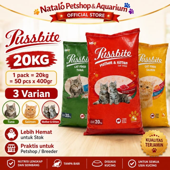 Pussbite Mother & Kitten / Adult Tuna & Salmon Dry Cat Food 20KG - Makanan Ibu Anak dan Kucing Dewasa 20 KG - gambar 1