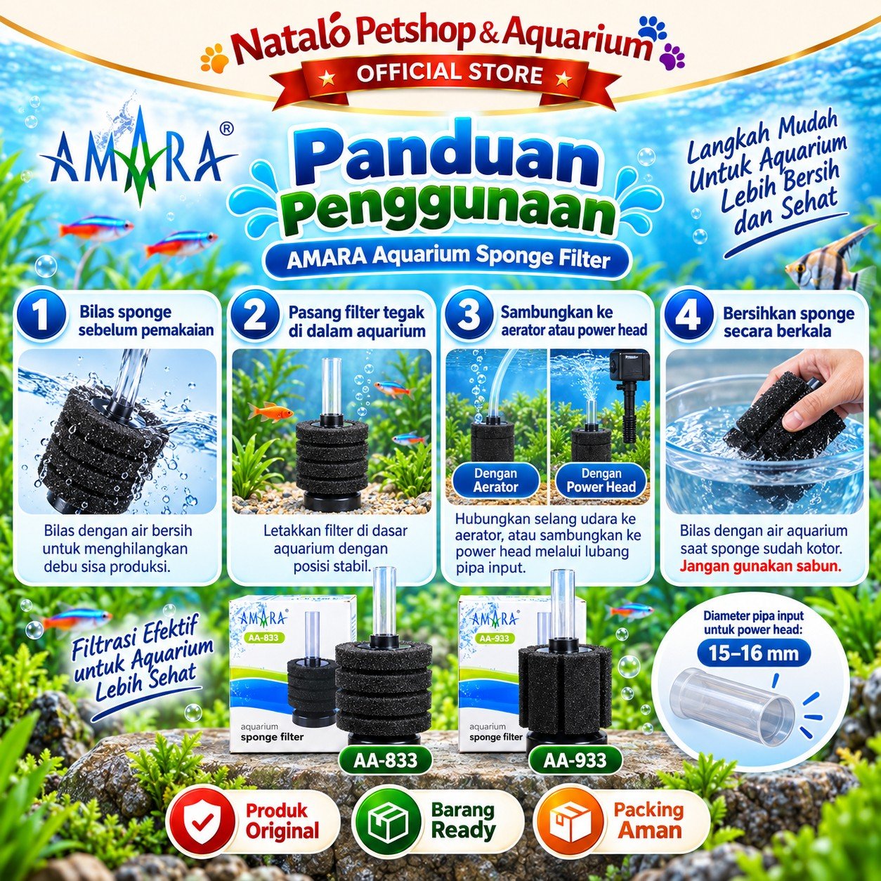 AMARA Aquarium Sponge Filter AA-833 / AA-933 - Biofoam Mini AA 833 933 Filter Aerator Aerasi Aquarium - gambar 3
