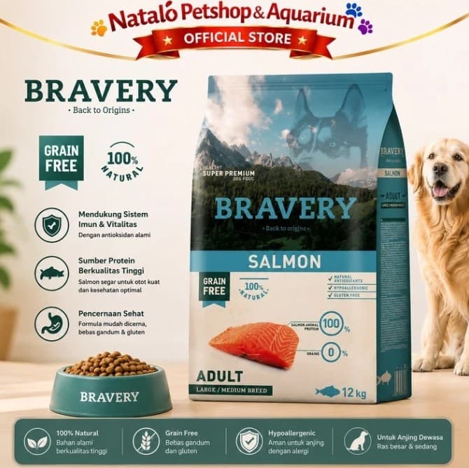 Bravery Medium/Large Adult Dog SALMON 12KG Makanan Anjing Pelet Food Super Premium - gambar 1