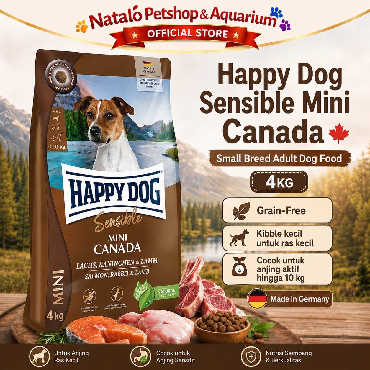 Happy Dog Sensible Mini Canada 4KG Salmon Rabbit Lamb / Grain Free - Makanan Anjing Dewasa Ras Kecil Super Premium 4 KG - gambar 1