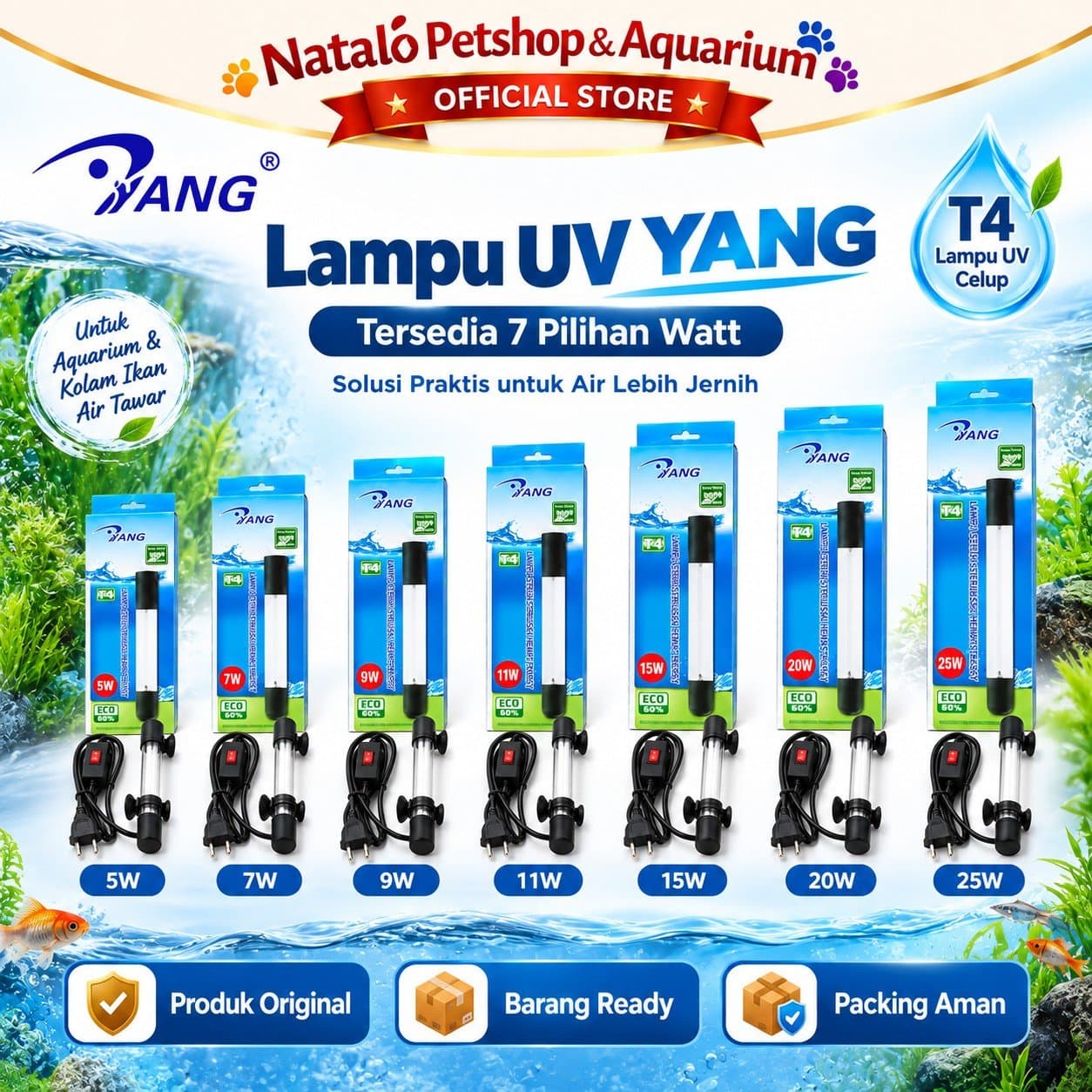 YANG T4 Lampu UV Sterilizer Celup Selam Aquarium Kolam Koi 5 Watt 7 Watt 9 Watt 11 Watt 15 Watt 20 Watt 25 Watt UV Light Ultraviolet Sterilisasi Air Anti Alga Air Hijau Aquascape Filter Kolam Ikan