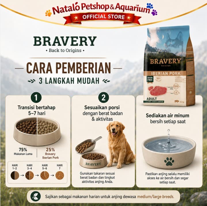 Bravery Medium / Large Adult Dog PORK 4KG Makanan Anjing Super Premium Pelet Food 4 kg - gambar 3