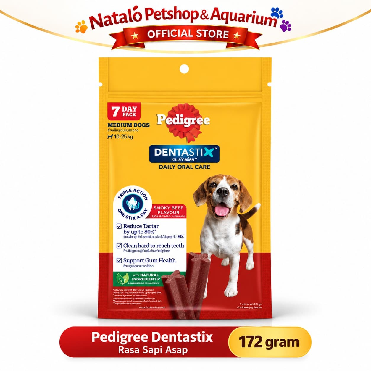 Pedigree Dentastix Smoky Beef Medium 172g Isi 7 Stik - Snack Anjing Dewasa 10-25kg Dental Stick Pembersih Gigi Rasa Sapi Asap Camilan Perawatan Gigi Harian - gambar 6