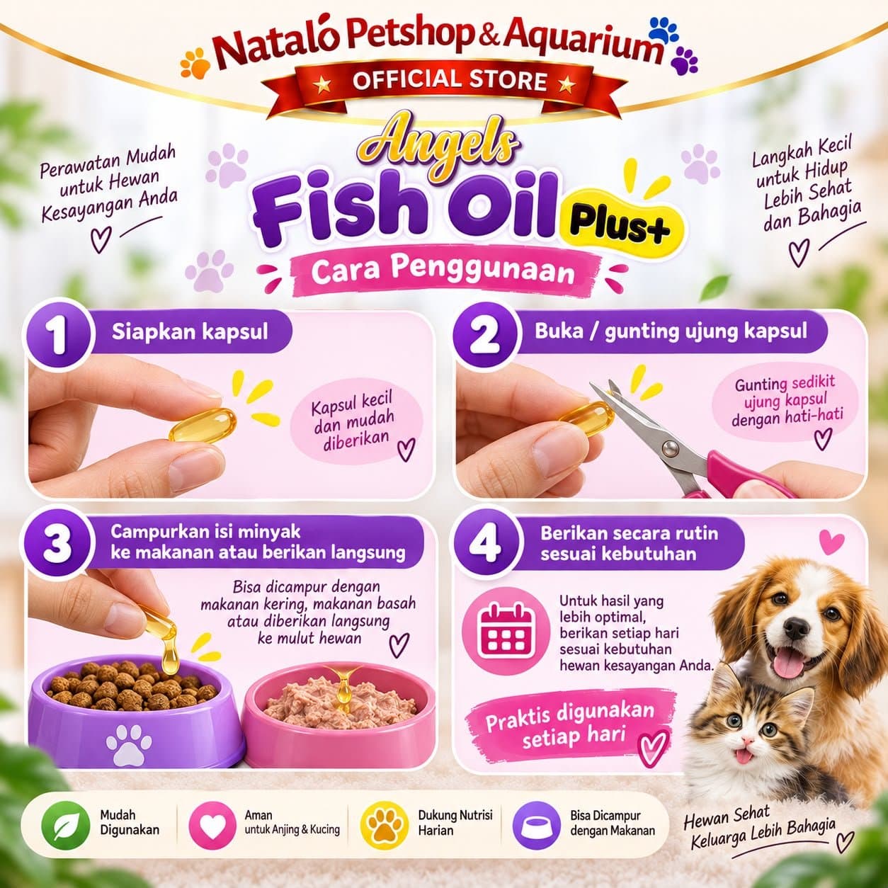 ANGELS PET CARE  Fish Oil Penambah Nafsu Makan & Vitamin Bulu isi 10 & 50 Butir / Kapsul Minyak Ikan Vitamin Hewan Kucing Anjing untuk Kesehatan - Premium Pet Cat Dog Supplement for Health Skin Coat Care - gambar 3