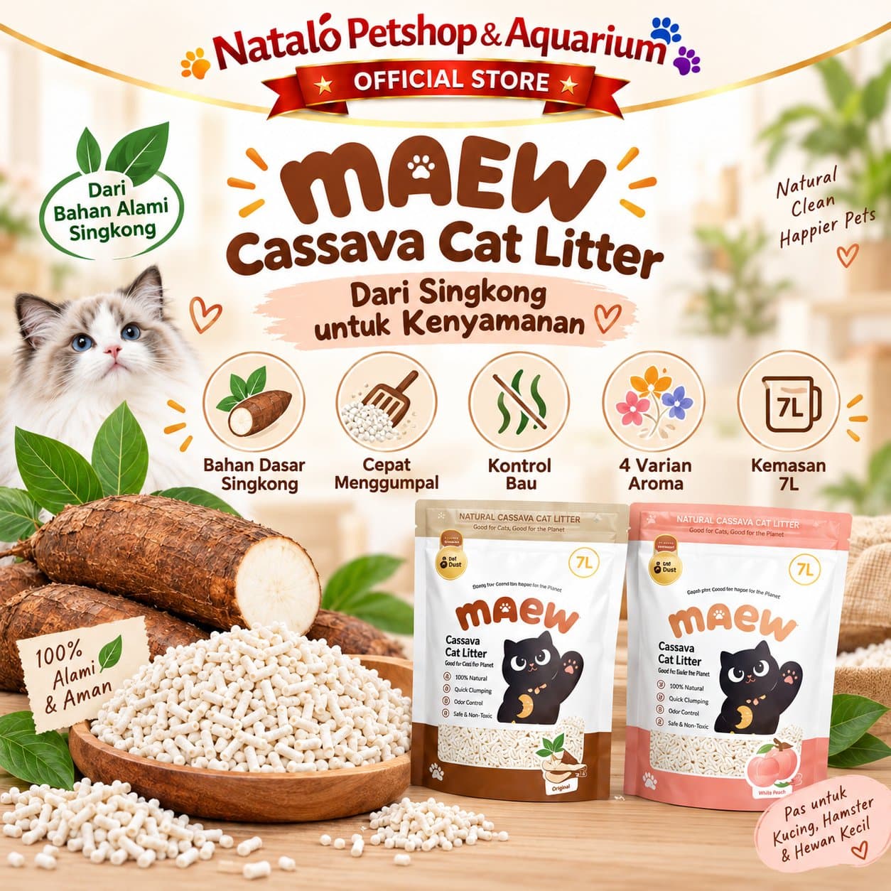 MAEW Cassava Clump Cat Litter 7LT - Pasir Kucing dari Singkong Murni Daya Serap Air Kuat - Bebas Debu 7 LT Casava Kasava Ubi Gumpal Serap Tinggi - gambar 4
