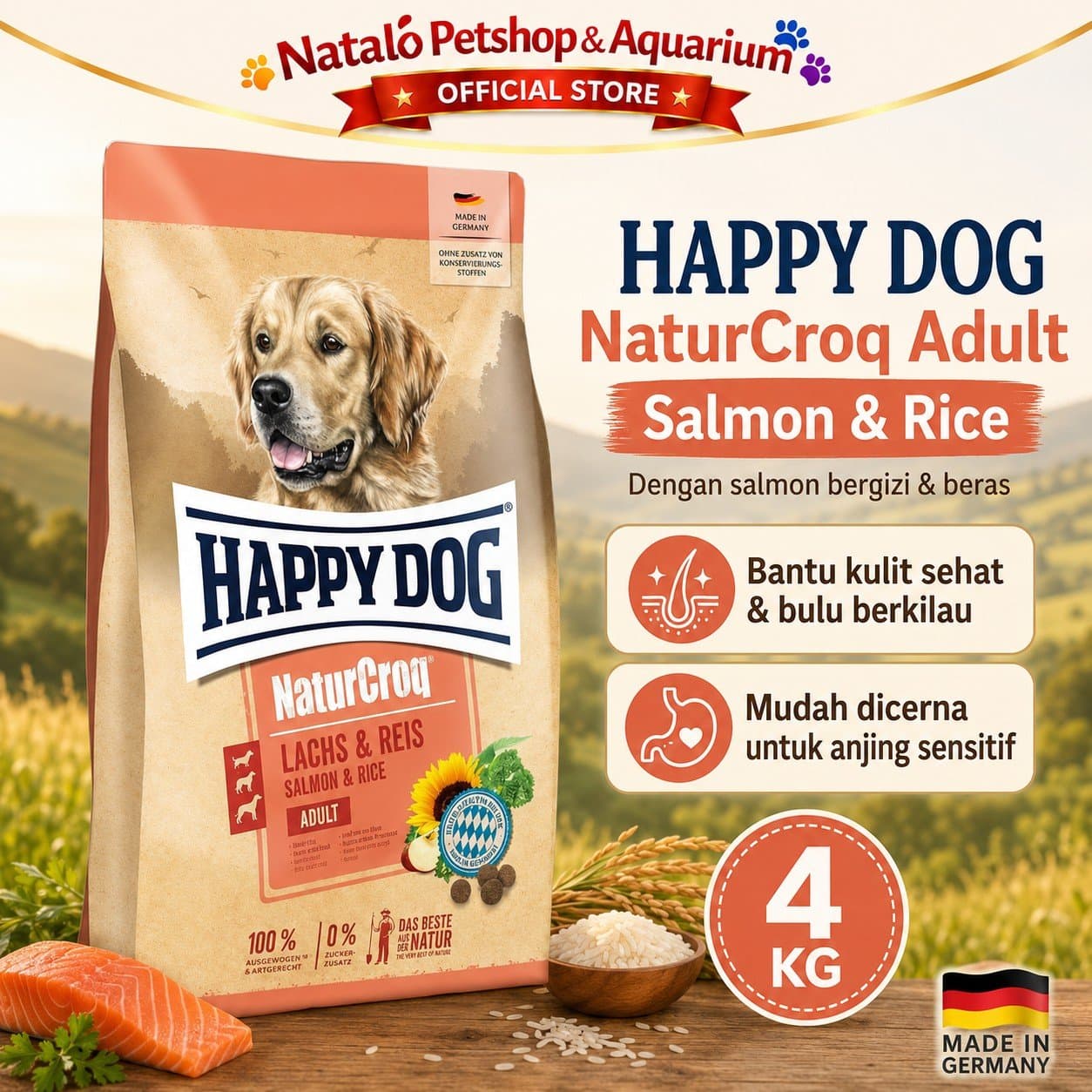Happy Dog NaturCroq Salmon & Rice 4KG Adult Dog Food - Makanan Anjing Dewasa Ras Besar Premium 4 KG - gambar 1
