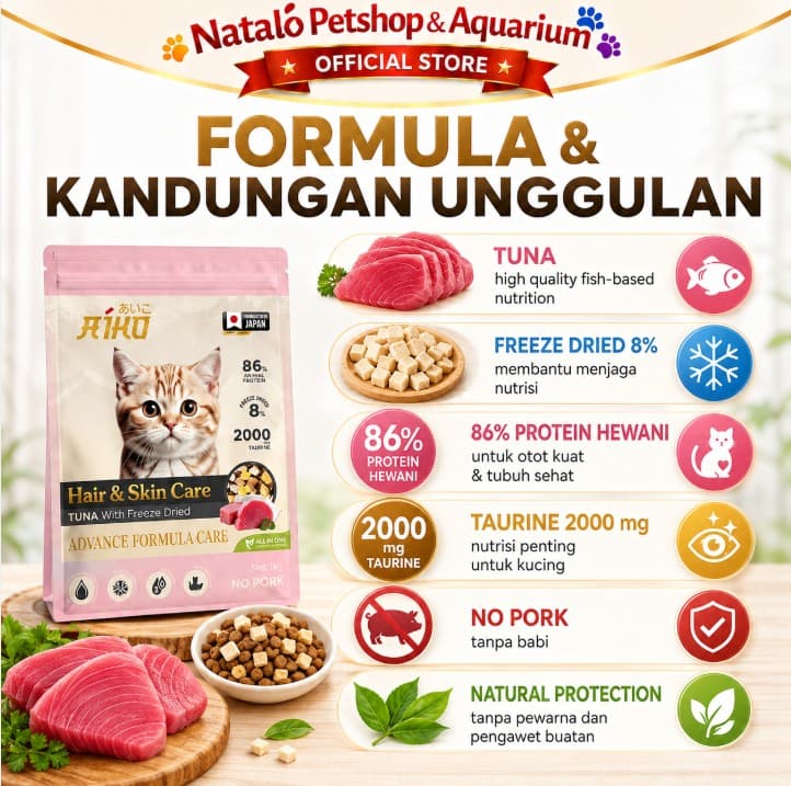Aiko Premium Cat Food 1KG Tuna with Freeze Dried All Life Stages 1 KG Hair Skin / Urinary / Digestive - Makanan Kucing Kering Segala Usia Bulu Kulit Masalah Kantung Kemih Pencernaan Dry Food - gambar 4