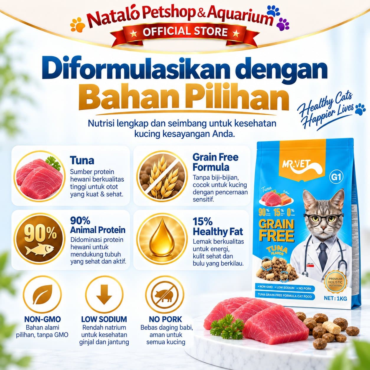 Mr. Vet G1 Tuna Grain Free 1KG All Life Stages Holistic Dry Cat Food - Makanan Kucing Kering MR.Vet Segala Usia 1 KG - gambar 4
