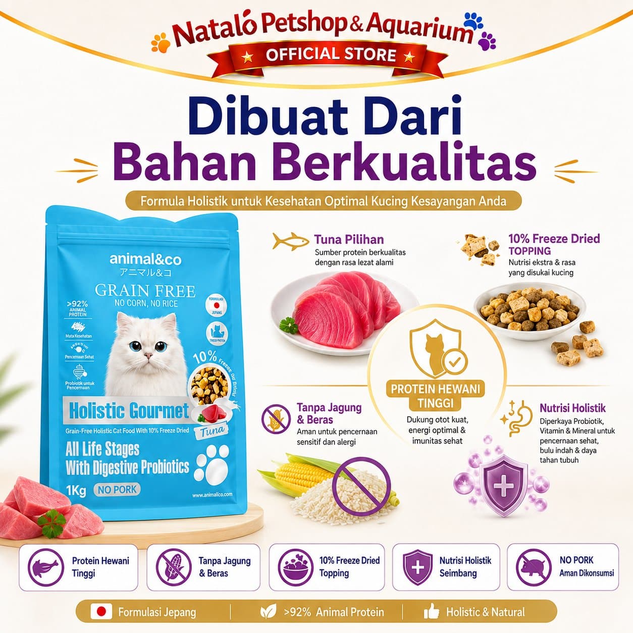 Animal&Co Holistic Gourmet 1KG Grain Free Cat Food / All Life Stages - Makanan Kucing Semua Umur - Hair & Skin / Digestive Probiotics / Urinary Care 1 KG - gambar 4