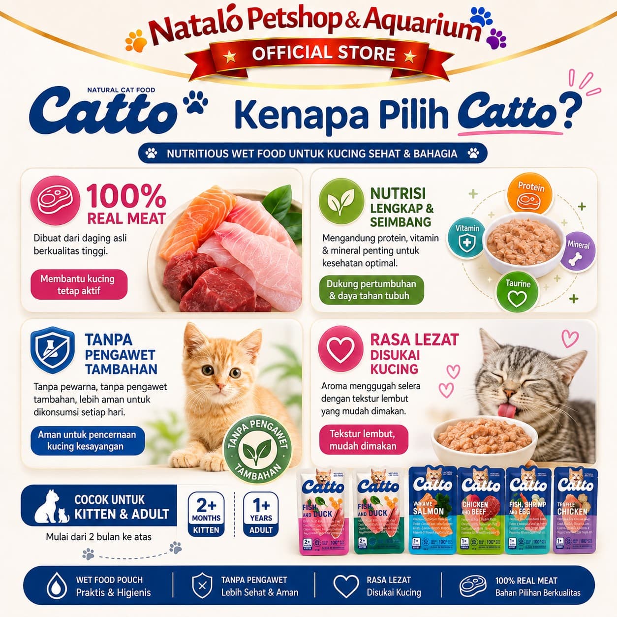 Catto Natural Wet Kitten and Adult Pouch Cat Food 50GR - Makanan Basah Saset Anak dan Kucing Dewasa 50 GR - gambar 2