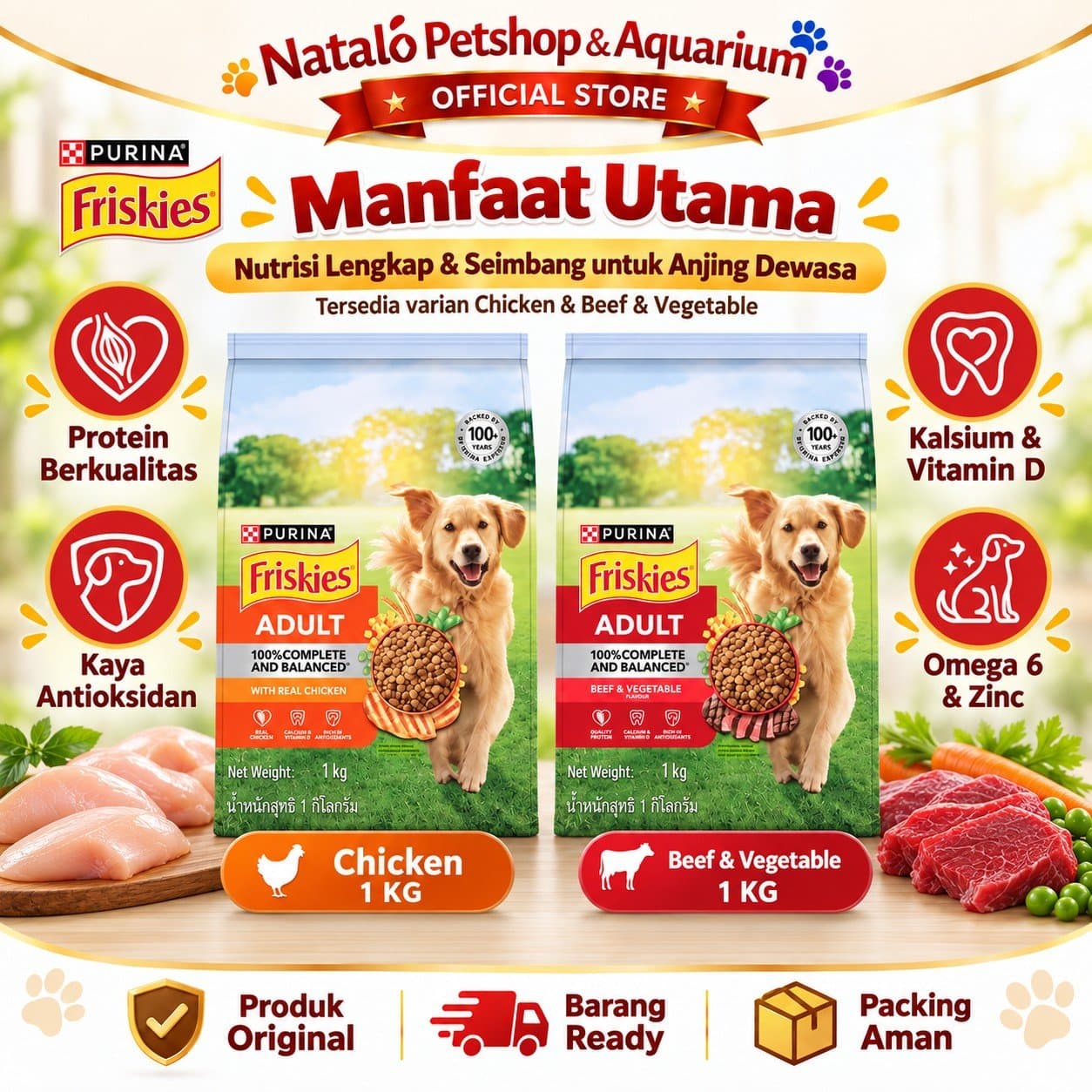 Friskies Real Chicken / Beef & Vegetable 1KG Adult Dry Dog Food - Makanan Kering Anjing Dewasa Rasa Sapi / Ayam 1 KG - gambar 2