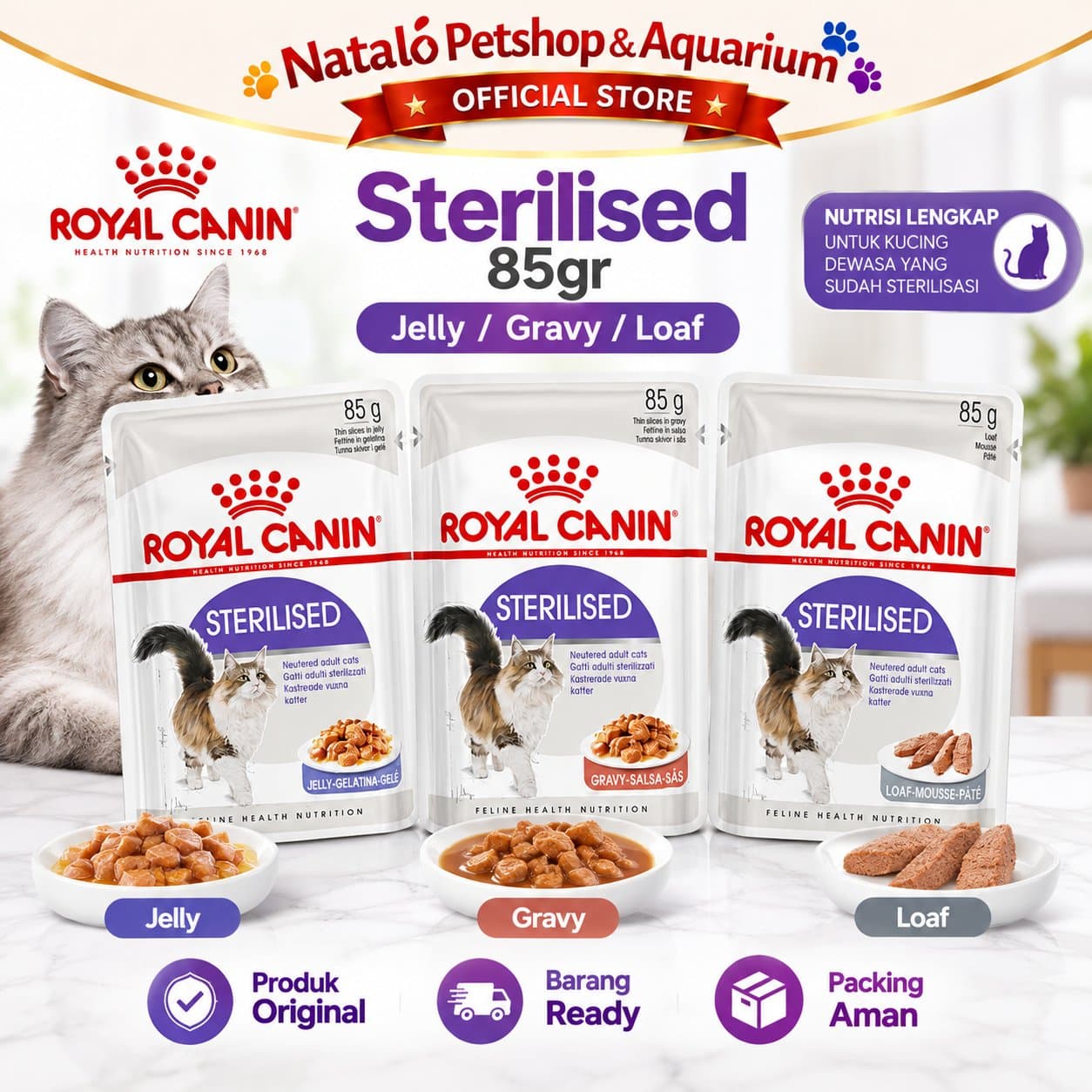 Royal Canin Sterilised 85GR Pouch Adult Wet Cat Food Sterilized Gravy Jelly Loaf - Makanan Basah Saset Kucing Dewasa 85 GR - gambar 1