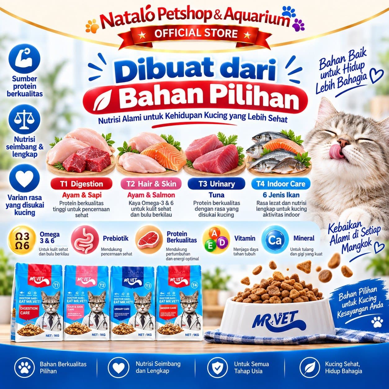 Mr. Vet T1 Digestion / T2 Hair & Skin / T3 Urinary / T4 Cat Indoor Care 1KG Functional All Life Stages Dry Cat Food - Makanan Kucing Mr.Vet Semua Tahap Usia Fungsional 1 KG - gambar 4