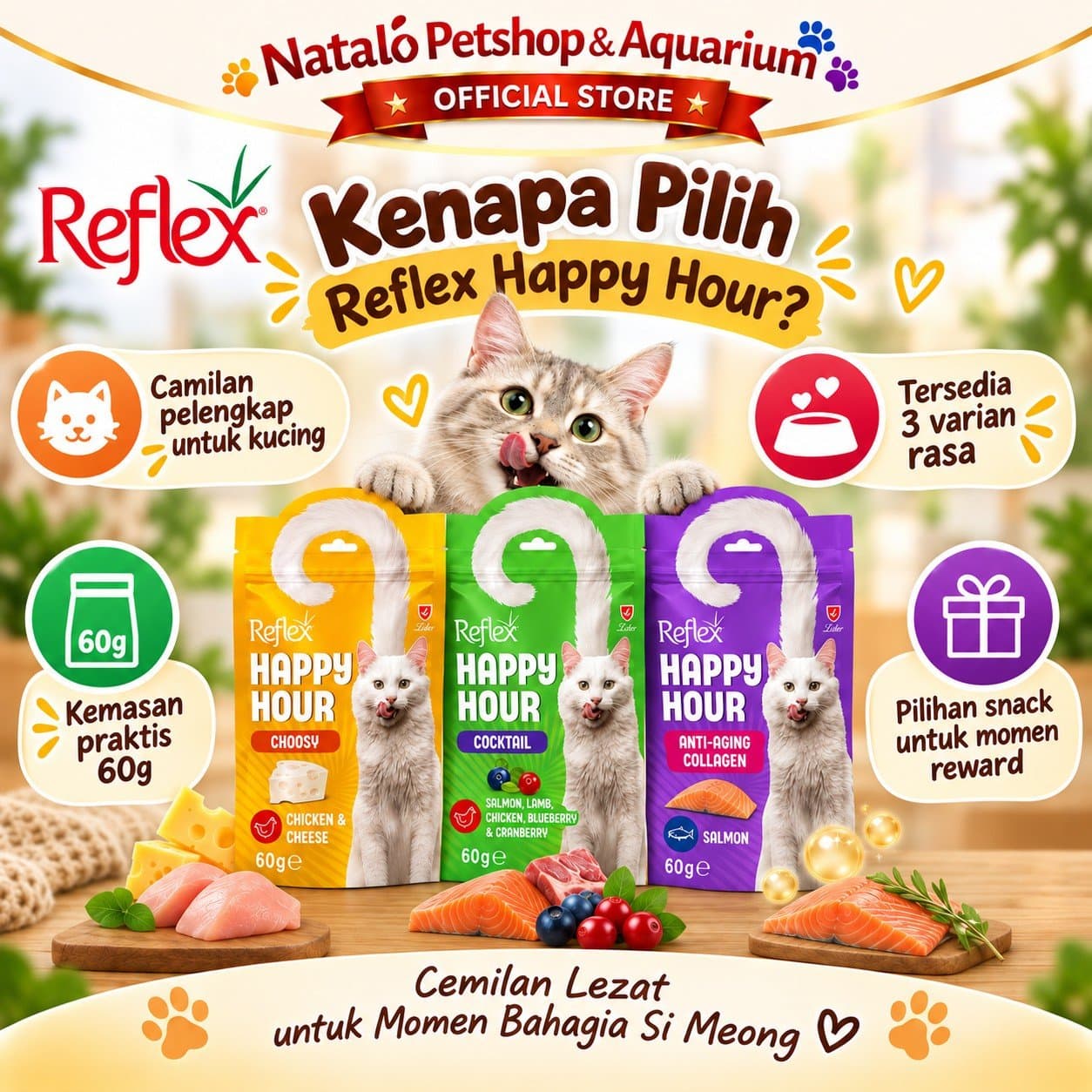 Reflex Happy Hour Cat Treat 60G 3 Varian - Snack Kucing Dewasa Choosy Chicken Cheese Cocktail Anti Aging Collagen Salmon - gambar 2