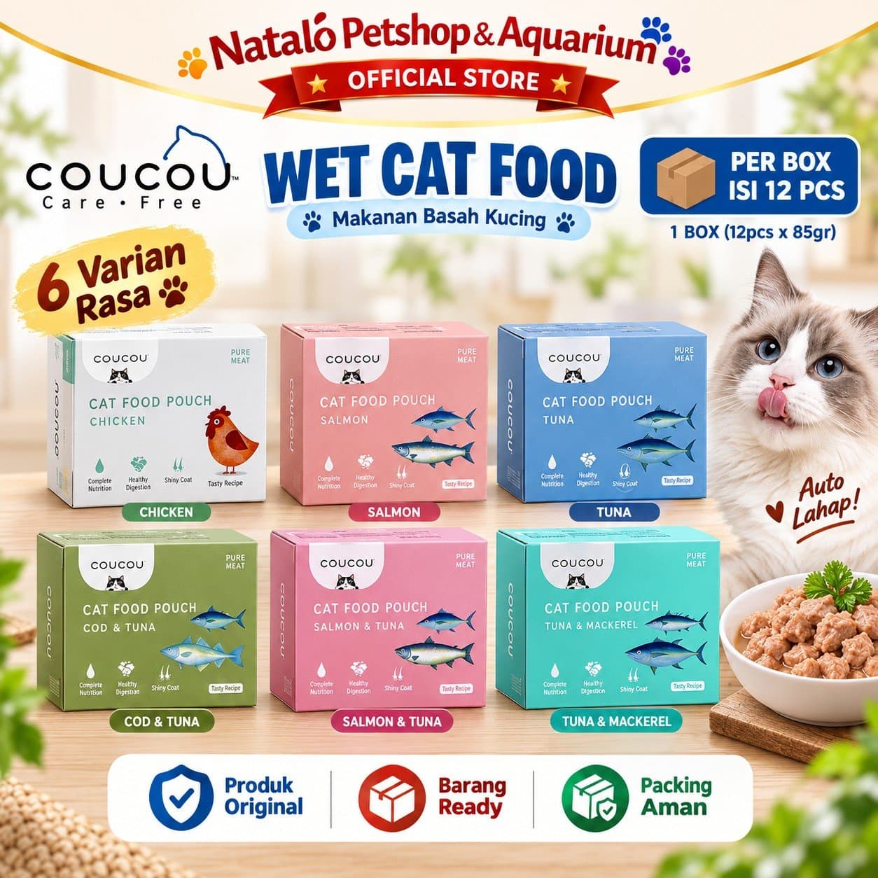 COUCOU Pouch Wet Cat food 1 BOX isi (12pcs x 85gr) All Life Stages - Makanan Basah Saset Kucing COU COU Semua Tahap Usia - gambar 1