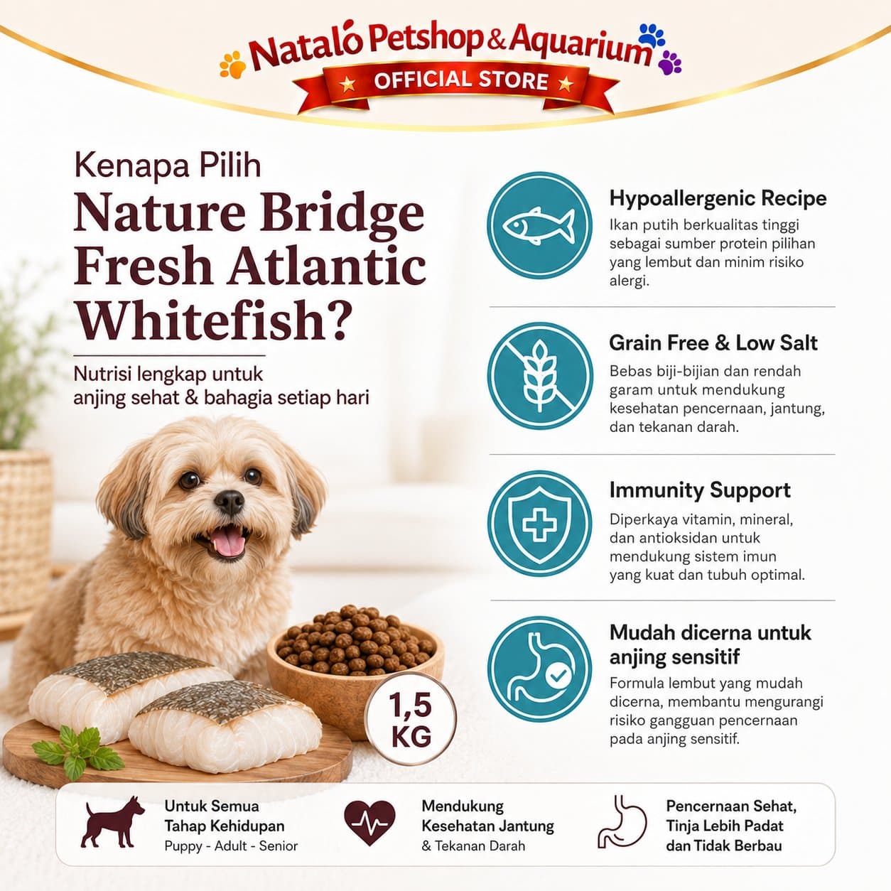 Nature Bridge Fresh Atlantic Whitefish Dog Food 1.5KG All Life Stages Small Breed - Makanan Anjing Semua Umur Ras Kecil Mini Super Premium 1.5 KG - gambar 2