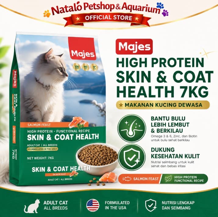 Majes High Protein Hair & Skin Care 7kg - Premium Adult Dry Cat Food Makanan Kering Kucing untuk Kesehatan bulu lebat dan kulit 7 kg Dewasa Functional Recipe - gambar 1