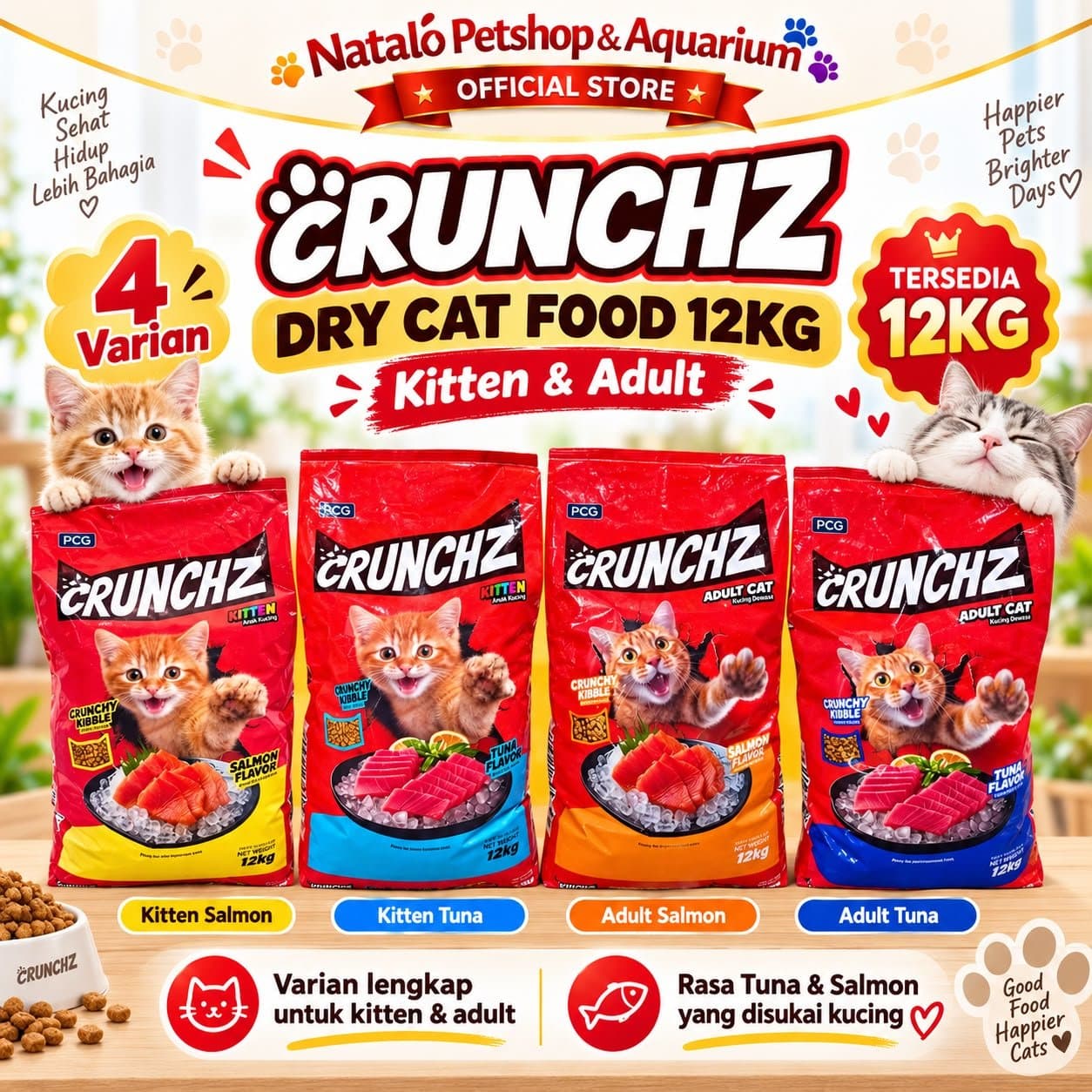 CRUNCHZ 12KG Dry Adult & Kitten Cat Food 500GR x 24 Pcs Makananan Kucing Kering Dewasa Anak Murah 12 KG Salmon Tuna 500 GR Crunch Kibble Pelet Pakan Grosir Stray - gambar 1